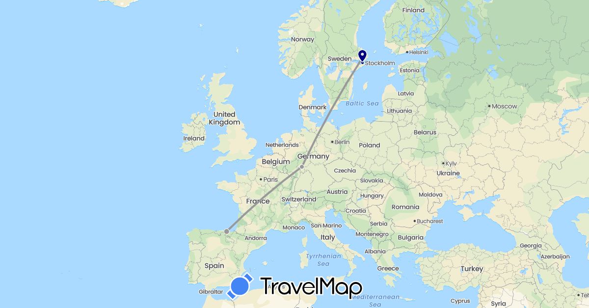 TravelMap itinerary: driving, plane in Germany, Spain, Sweden (Europe)